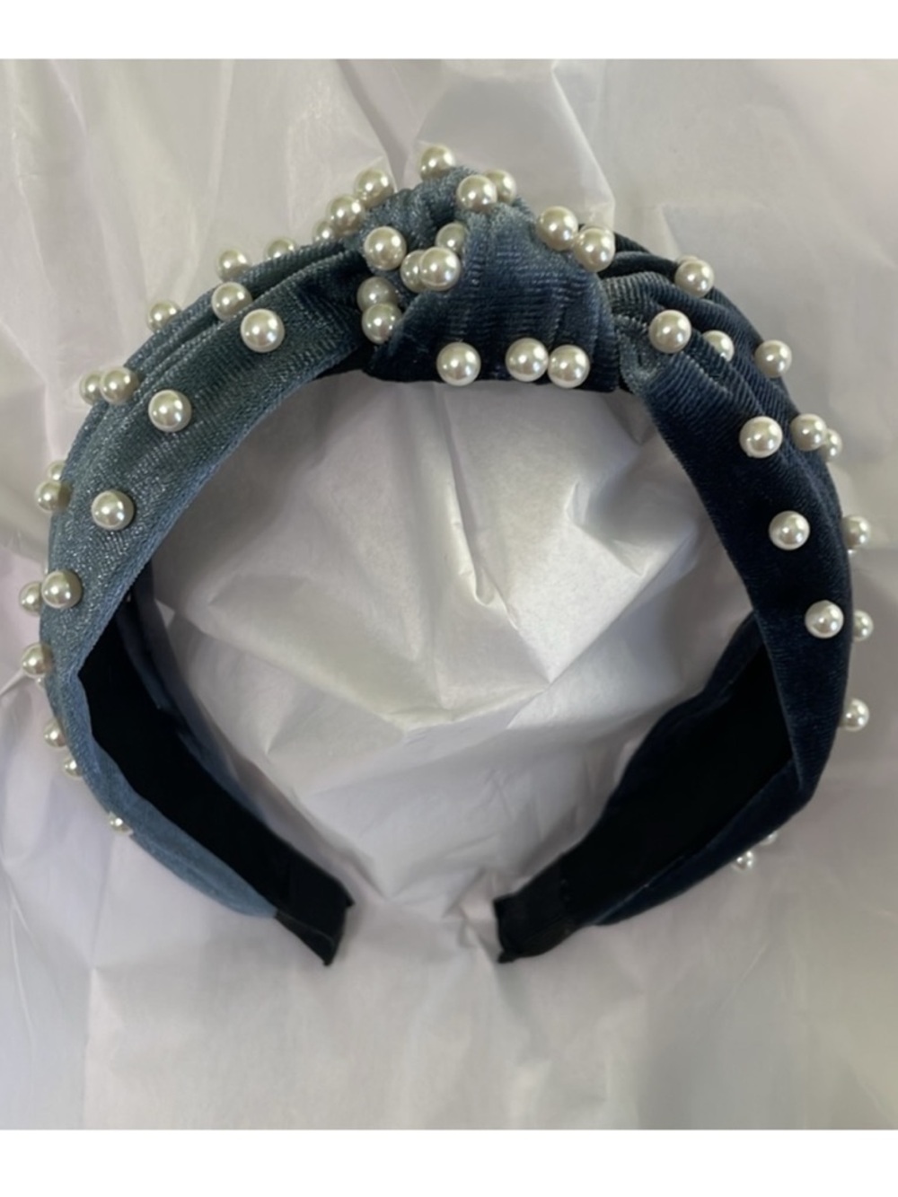 Pearl Embellished Knot Headband Faux Pearls Knotted Pearly Wrapped Blue